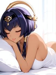 1girl :p absurd_res absurdres ai-created ai-generated ai_art ai_generated artist_name ass athletic_female bangs bare_arms bare_shoulders black_hairband blue_hair blush boobs breasts bust candace_(genshin_impact) chest closed_eyes dark-skinned_female eye_of_horus female fit_female genshin_impact gumtoof hair_ornament hair_tubes hairband hi_res high_quality high_resolution large_breasts lying medium_breasts morning on_bed on_stomach patreon patreon_username pillow short_hair_with_long_locks sideboob sidelocks sleeping sleeveless smile solo solo_focus stable_diffusion tagme tits tongue tongue_out uncensored white_shirt