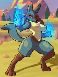 3:4 anthro big_breasts black_body black_fur blue_body blue_fire blue_fur breasts chest_spike colored_fire digitigrade eyelashes feet female fire front_view fur generation_4_pokemon genitals hand_spike hi_res looking_at_viewer lucario navel nintendo nude pokemon pokemon_(species) red_eyes skwid solo spikes spikes_(anatomy) thick_thighs vulva wide_hips yellow_body yellow_fur