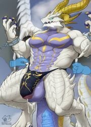 absurd_res anthro anthro_focus balls big_balls big_penis biped blackontrack blush bodily_fluids cum cygames disembodied_hand disembodied_penis dragalia_lost dragon elysium_(dragalia_lost) genital_fluids genitals hi_res male male_focus multicolored_body multicolored_tail muscular muscular_anthro muscular_male mythological_creature mythological_scalie mythology nintendo penis purple_body purple_tail scalie solo_focus sweat sweatdrop tail white_body white_tail yellow_body yellow_tail