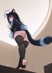 1girls ai_generated anime asshole black_hair blue blue_eyes blue_hair catgirl hot icecat kromia krominya neko nekomimi peace_sign pussy smug_face spread_ass spreading_ass tail toeless_legwear viewed_from_below vtuber wet_pussy