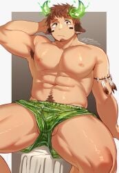 1boy :/ abs absurdres animal_ears armlet armpit_hair arms_behind_head bara blush boxers brown_eyes brown_hair commentary_request cow_boy cow_ears cow_horns eye_black facial_hair fiery_horns forked_eyebrows glowing_horns goatee green_male_underwear highres horns jewelry large_pectorals male_focus male_underwear muscular muscular_male navel_hair nipples pectorals short_hair signature sitting solo spiked_hair testicle_peek testicles thick_eyebrows thick_thighs thighs tokyo_afterschool_summoners underwear wakan_tanka zutaboro