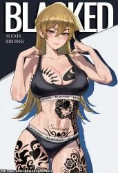 1girl ai_generated alexis_rhodes anime artist:basicallynomore black_panties black_sports_bra blacked blacked_clothing female looking_at_viewer pubic_tattoo qos qos_clothing qos_tattoo queen_of_spades queen_of_spades_symbol queen_of_spades_tattoo sportswear tattoo tattoos white_skin yugioh