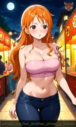 1girls 4k ai_generated anime bare_shoulders brown_eyes clothed curious curvy female female_only festival her_brother_drives_a_subaru high_quality huge_breasts jeans long_hair midriff nami_(one_piece) night one_piece orange_hair outdoors pink_tube_top self_upload solo stable_diffusion tight_jeans tubetop