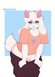 anthro bottomwear bovid caprine clothed clothing deltarune digital_media_(artwork) erection eyewear femboy fluffy fur genitals glasses goat hair hemelarix hi_res horn humanoid_genitalia humanoid_penis looking_at_viewer male mammal nude pants penis presenting ralsei shirt simple_background smile solo tail tongue tongue_out topwear undertale_(series) white_body white_fur