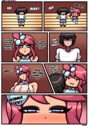 1boy1girl anonymous_male big_breasts cheerleader_outfit cheerleader_uniform chibi_style comic english_text paizuiri_(artist) pokemon pokemon_bw red_hair requesting_sex skyla_(pokemon) tan_body tanline