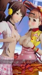 2girls angry angry_expression angry_face bellybutton boobs boobs_out breast_comparison breasts breasts_out brown_areola brown_eyes brown_hair brown_nipples choker comparing_breasts gamesso8 headphones headphones_on_head jealous jealous_female kujikawa_rise mashita_kanami open_shirt persona persona_4 persona_4:_dancing_all_night shirt_open size_difference so8 tits tits_out