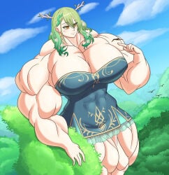 1girls abs alternate_version_available breasts ceres_fauna dagwam female forest giantess green_hair hololive horns huge_breast huge_pecs macro muscle_fetish muscles muscular muscular_arms muscular_female muscular_thighs orange_eyes pecs thighs tree trees vtuber