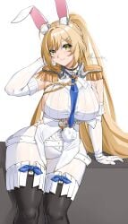 1girl black_thighhighs blonde_hair blue_necktie closed_mouth elbow_gloves epaulettes gratia_(silver_palace) large_breasts long_hair looking_at_viewer necktie obosounds pom_pom_(clothes) ponytail rabbit_ears rabbit_girl sideboob silver_palace sitting smile solo tight_clothing tight_pants very_long_hair white_gloves white_pants