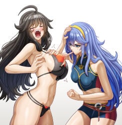 2d big_breasts bikini black_hair blue_eyes blue_hair boba_tea bronze_felix(commissioner) commission commission_art commissioner_upload fire_emblem lucina_(fire_emblem) original_character red_eyes saikunartworks swimsuit
