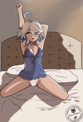 1girls bed furina_(genshin_impact) genshin_impact hornyskitarii kneeling lace_panties morning nightgown small_breasts stretching white_hair white_panties yawn