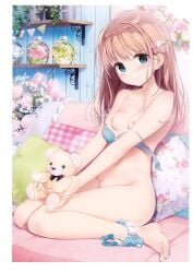 1girls black_bra blonde_hair blush bra breasts breasts_out exposed_breasts female female_only hair_ornament highres kimishima_ao long_hair nipples on_couch open_bra original panties panties_around_one_leg pillow sitting sitting_on_couch small_breasts straight_hair stuffed_animal teddy_bear