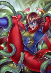 boots brown_hair dark-skinned_female female hands_restrained kamala_khan leg_spread marvel mask ms._marvel pants rubbing_pussy superheroine tentacle