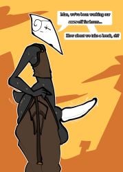 alien alien_boy balls belly_button black_skin blox_cards briggeybruh colored dialogue half-closed_eyes orange_background outline overalls skull skull_head small_tail sweat tagme tagme_(character) tail tail_wagging throbbing_penis undressing