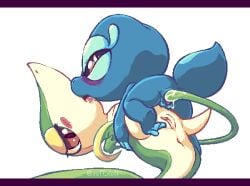 2girls animal_focus animal_sexualization anus ayu_draws blush commentary english_commentary french_kiss gecko gecqua kiss lizard multiple_girls plant pokemon pokemon_(creature) pokemon_focus purple_eyes pussy pussy_juice sex simple_background slit_pupils snivy species_connection spread_legs spread_pussy squinting vines white_background yuri zoophilia