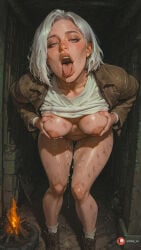 1girl ai_generated aisinful ass bent_over big_ass big_boobs big_butt blush brainwashed brainwashing breasts brown_jacket butt campfire capcom clothes_lift deep_skin drool drooling female fire grabbing grace_ashcroft hetero hi_res jacket large_breasts medium_breasts no_bra open_mouth realistic resident_evil saliva self_fondle sex shirt_lift thick_thighs tongue tongue_out wide_hips