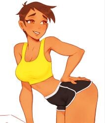 1female 1girls big_breasts brown_hair brown_skin bubble_ass bubble_butt clothed_female happy happy_female lit_silium litsilium lois_lane lois_lane_(my_adventures_with_superman) looking_back my_adventures_with_superman sexy_pose short_hair sports_bra sports_shorts tan_skinned_female tanned_skin