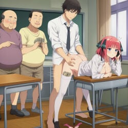 ai_generated arched_back ass ass_grab bent_over bored bottomless classroom cleavage day desk dollar_bills expressionless full_body go-toubun_no_hanayome heavenly_ass huge_ass indoors large_breasts leaning_forward lineup money motion_lines multiple_boys nakano_nino no_bra no_panties on_phone open_shirt phone school sex sex_from_behind standing staring talking_on_phone the_quintessential_quintuplets thighhighs tiptoes tucked_money uninterested watching watermark zzz7