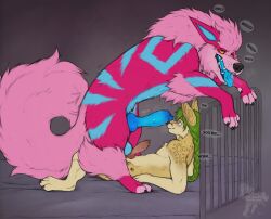 animal_genitalia animal_penis anthro anthro_on_feral arcanine balls bed bestiality big_penis blue_penis blush bodily_fluids brown_body canid canine canine_genitalia canine_penis claws duo fangs fenn.perrox fennec_fox feral fox furniture generation_1_pokemon genital_fluids genitals green_hair hair hi_res humanoid_genitalia humanoid_penis inside knot knotted_penis leaking_precum looking_at_genitalia male male/male mammal multicolored_body nintendo on_bed penis phenique pokemon pokemon_(species) precum precum_on_face red_penis saliva size_difference speech_bubble tail teeth throbbing throbbing_penis tongue tongue_out true_fox