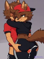 ai_generated backwards_baseball_cap bedroom_eyes brown cropped_hoodie cuddling female freckles_on_face fur furry golden_earrings grabbing_ass male seductive_look standing thigh_sex thigh_sex_over_clothes track_pants wolf