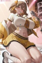 1girl ahoge ai_generated bangs blush breasts brown_eyes brown_hair hair_ribbon hi_res high_quality high_resolution jacket kiraamane large_breasts looking_at_viewer microphone midriff navel patreon ribbon seductive sexy shoes side-tie_panties skirt smile solo thighs uncensored watermark