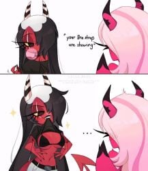 black_hair bra bra_strap_is_showing_(meme) helluva_boss meme pink_hair sallie_may_(helluva_boss) tagme_(artist) verosika_mayday_(helluva_boss)