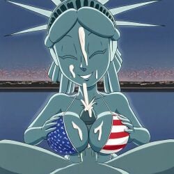 1boy 1girls ai_generated american_flag_bikini bikini breasts cleavage cum paizuri penis penis_between_breasts statue_of_liberty titfuck