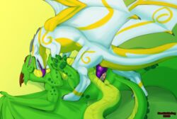 animal_genitalia animal_penis anus dragon feral hexdragon_(character) hi_res knot lautrec male male/male neothedragon penis simple_background slit_play yellow_background