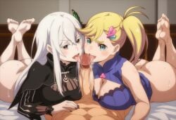 1boy 2girls accurate_art_style ai_generated barefoot bedroom cooperative_fellatio echidna echidna_(re:zero) feet_up fellatio huge_ass huge_breasts huge_penis leo_dawg licking_penis medium_breasts minerva_(re:zero) pov re:zero_kara_hajimeru_isekai_seikatsu soles the_pose toes