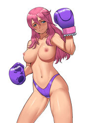 boxing_gloves cessa cowboy_shot female fighting_stance huge_breasts long_hair original pink_hair solo standing topless white_background