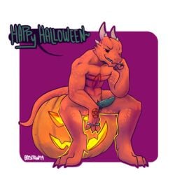 1:1 2019 absurd_res anthro bastriw canid canine digital_media_(artwork) erection fox halloween hi_res holidays horn jack-o'-lantern male mammal nude penis reptile scalie simple_background smile solo