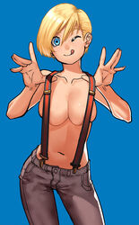 blonde_hair blue_background blue_eyes cessa cleavage cowboy_shot female jeans large_breasts looking_at_viewer one_eye_closed pose pulling short_hair suspenders tongue_out topless very_short_hair