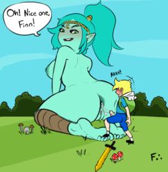 1boy 1girls adventure_time after_anal anus ass backpack bag barefoot barefoot_on_grass blonde_hair breasts canyon_(adventure_time) cartoon_network clothed_male_nude_female colorization cum_in_ass cum_string dialogue english_text feet female finn_the_human froockles giantess grass green_skin human kneeling larger_female male nipples nude outdoor_sex outdoors paintedcactus pale_skin penis ponytail pull_out pussy sex size_difference source_request speech_bubble text third-party_edit weapon year_request