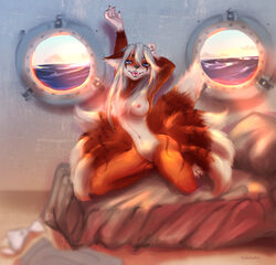 absurd_res anthro asheraart breasts canid canine female fox hi_res mammal morning pinup pose tails_(disambiguation)