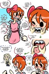 2girls artificial_arm artificial_limbs bloody_marie blush dress embarrassed fanart hair_bow mechanical_arms mrbooshmaster orange_hair peacock_(skullgirls) pink_dress sharp_teeth skullgirls tongue tongue_out trembling yuri