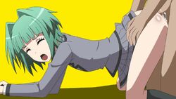 16:9_aspect_ratio animated assassination_classroom atelier_gons censored closed_eyes cum cum_in_mouth cum_inside fellatio female from_behind green_hair kayano_kaede knee_socks low_resolution on_model open_mouth oral penis school_uniform sex short_hair smile sucking teenage_girl teenager thighs tied_hair tongue yellow_eyes