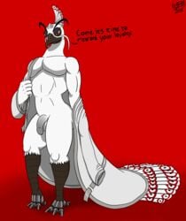 2019 absurd_res anthro avian balls beak bird clothing dialogue dreamworks english_text feathers flaccid galliform grey_penis hi_res humanoid_penis kung_fu_panda looking_at_viewer lord_shen male male_only mostly_nude peafowl penis phasianid pizzaozzy_(artist) simple_background solo standing text undressing white_balls