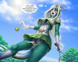 1girls 2019 5_fingers animal_humanoid bodily_fluids chastity chastity_belt chastity_device day detailed_background digital_media_(artwork) exhibitionism eyebrows eyelashes female female_chastity female_only fingers from_below fully_clothed fur furry genital_fluids green_body green_fur humanoid hybrid nipple_chain nipple_piercing nipples open_mouth outside piercing pussy_juice remote_control_vibrator sabretoothed_ermine scales sex_toy sky solo standing teeth tennis tongue upskirt vibrator white_body white_scales