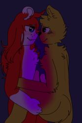 2019 anthro anthro_on_anthro assir bedroom blue_eyes blush canid canine canis chest_tuft digital_media_(artwork) domestic_dog duo erection frottage hair happy hi_res leocattarts long_hair lukas male male/male mammal mustela mustelid musteline penis sex smile toony tuft