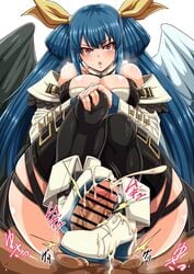 1girls angel_wings ball_crushing ballbusting bar_censor big_breasts blue_hair blushing bootjob boots breasts cbt censored clothed_female_nude_male cock_and_ball_torture cum cum_on_boots cum_on_shoes cumshot dizzy_(guilty_gear) ejaculation female footjob guilty_gear kekekawa looking_at_viewer open_mouth orgasm shoejob shoes solo_focus tagme testicles wings