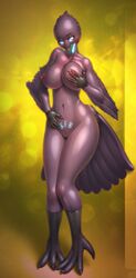 2015 abstract_background absurd_res anthro avian beak bendzz bird blush breasts feathers female glowing glowing_eyes hand_on_breast hi_res lucidum navel nipples nude open_mouth runes solo standing surprise talons