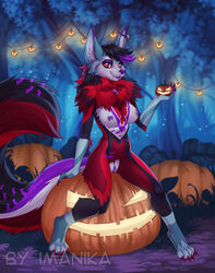 2019 5_fingers anthro areola black_body black_fur black_hair breasts canid canine detailed_background digital_media_(artwork) female fingers forest fur grass hair halloween holidays imanika jack-o'-lantern looking_at_viewer mammal night nipples nude outside purple_body purple_fur purple_nose pussy red_body red_eyes red_fur smile solo tree white_body white_fur