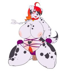 1:1 absurd_res anthro belly blush bodily_fluids bulge canid canine canis chained clothing cum dalmatian dildo domestic_dog fur furry genital_fluids hair hi_res ichigomoon invalid_tag mammal overweight pregnant pubes raine red_hair sex_toy slightly_chubby solo thick_thighs thong underwear