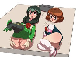 2girls anus blood bottomless death decapitation female female_death fried-chicken gore guro headless heart-shaped_pupils long_tongue multiple_girls my_hero_academia ochako_uraraka open_mouth presenting pussy severed_head still_alive tongue tongue_out tsuyu_asui