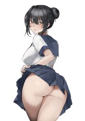 1girls 2021 absurd_res ass bare_arms big_ass black_hair blush breasts clothing eyebrows_visible_through_hair female female_only hair_between_eyes hair_bun highres kiyomasa_(dangan) large_breasts lifted_by_self looking_at_viewer looking_back miniskirt no_panties original pleated_skirt school_uniform serafuku shirt short_hair simple_background skirt skirt_lift smile solo standing thighs tied_hair white_background white_shirt yellow_eyes