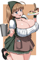 beer blonde_hair blue_eyes cleavage curvy dirndl female huge_breasts large_breasts medium_hair original skirt smiling tavern_wench wench