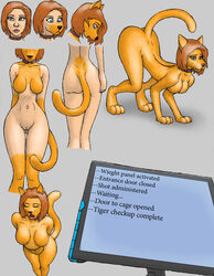 2009 all_fours anthro ass bendzz black_nose breasts brown_hair butt_from_the_front collar collar_only domestic_cat english_text felid feline felis female hair hand_on_hip hi_res human human_to_anthro mammal monitor naturally_censored navel no_nipples nude open_mouth pussy sequence short_hair simple_background snout solo species_transformation surprise text transformation what yellow_body