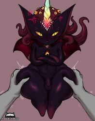1boy angry angry_face eldritch_abomination femboy floating_hands grabbing_thighs huge_thighs looking_at_viewer male multi_eye penis pov shortstack small_penis solo_focus the_primordial_hunter_(zeblackballd) ze_blackball.d zeblackballd_(artist)