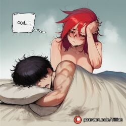 1boy :< after_sex ai_generated bed_sheet black_hair blush breasts cleavage english_text facial_hair female foster's_home_for_imaginary_friends frankie_foster gradient_background hair_over_eyes implied_sex large_breasts lying messy_hair muscular nude open_mouth patreon_logo patreon_username pillow red_hair speech_bubble straight sweat tillian trembling