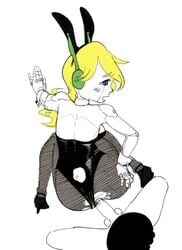 above_view ass blonde_hair bunny_ears bunnysuit cave_story clothed_female_nude_male curly_brace female from_above headphones high_heels kneeling leotard leotard_aside robot sketch taken_from_behind torn_clothes white_background white_skin yaglon