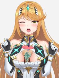 1girls ;o bangs bare_shoulders between_breasts blonde_hair blush breasts bubble_tea bubble_tea_challenge circlet cleavage cleavage_cutout collarbone cup disposable_cup dress drinking_straw earrings elbow_gloves eyebrows_visible_through_hair female gem gloves grey_background hikari_(xenoblade_2) jewelry large_breasts long_hair looking_away looking_down mythra nintendo one_eye_closed open_mouth shoulder_armor simple_background sleeveless sleeveless_dress solo sssemiii swept_bangs upper_body white_dress white_gloves xenoblade_(series) xenoblade_chronicles_2 yellow_eyes